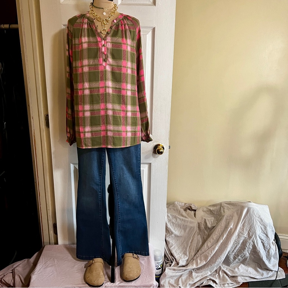 Belle Boho Kim‎ Gravel Chiffon Plaid Artsy Preppy Button Casual Work Dress Top S